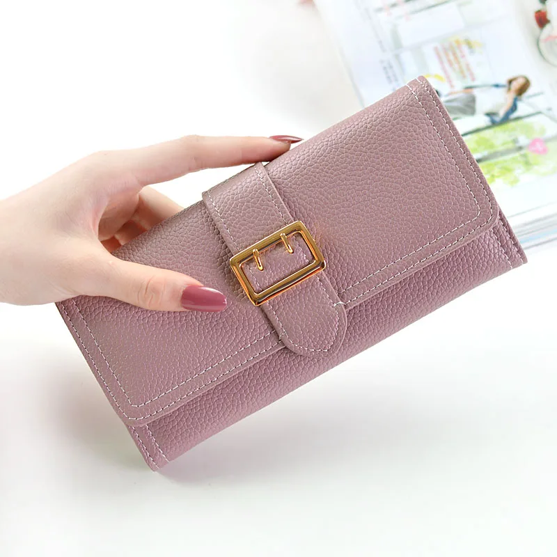 

2019 New Lady's Wallet Female Pattern Long-style Student's Litchi-grain Large Capacity Wallet with Buckle Simple Wallet Clutch b