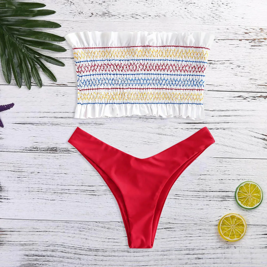 

Beachwear Women Corrugated Pleated Tube Up Two Pieces Bikini Swimwear Set Ladies'Bikini Bathing Suit with corrugated A3049