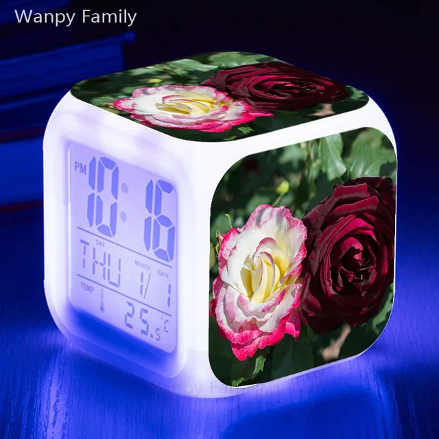 Red Rose flower Alarm Clocks 7 color Glowing LED Color Change Digital alarm clock For Kids
