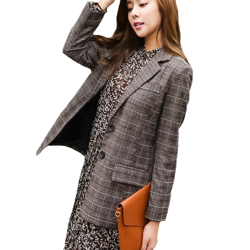 Work Plaid Autumn Women Slim Blazers Jacket Soft Femme