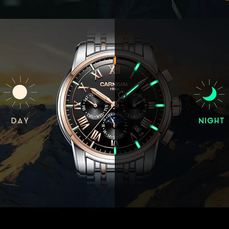 T25 غاز التريتيوم مضيئة ساعات آلية الرجال كرنفال الصلب كاملة متعددة وظيفة التلقائي ساعة معصم الذكور ساعة reloj هومبر