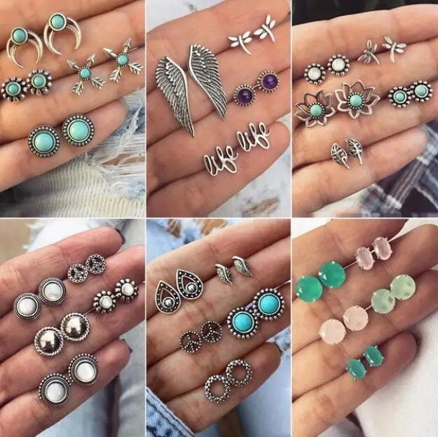 Brincos Femme 4 пары богемный серьги гвоздики комплект Boho зеленый черный кристалл