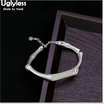 

Uglyless 100% Real 925 Sterling Silver Bamboo Bracelets for Women Natural Jade Bangles Ethnic Fine Jewelry Handmade Gems Bangle