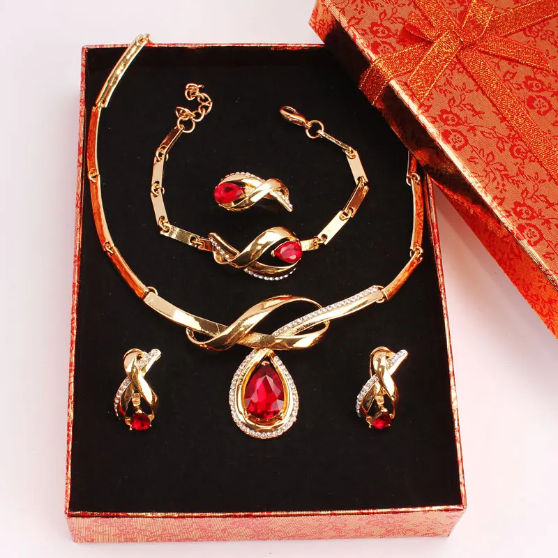 Африканский бисер, хорошее ювелирное изделие, золотой цвет, шампань, прозрачный австрийский кристалл, женское свадебное ожерелье, браслет, серьги, кольцо - Окраска металла: Red and boxes