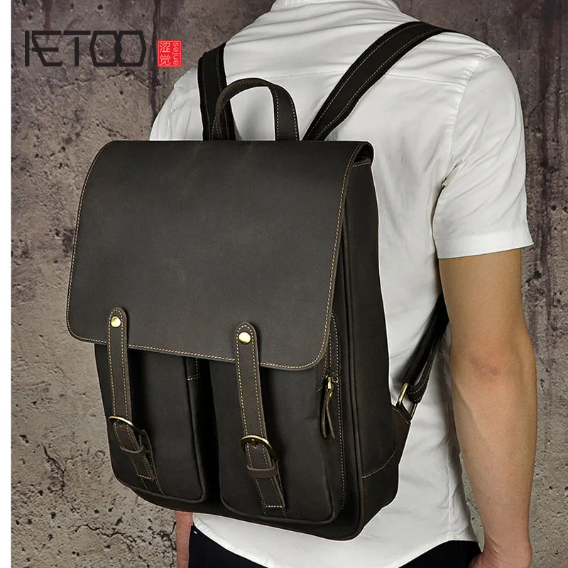 

BJYL Frenzy leather leather foreign trade retro men's large capacity 14 inch double shoulder backpack computer bag