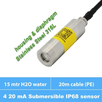

20 m PE cable, 15 m water h2o column, IP 68 sealed, high performance submersible pressure transducer 4 20mA, AISI 316L housing