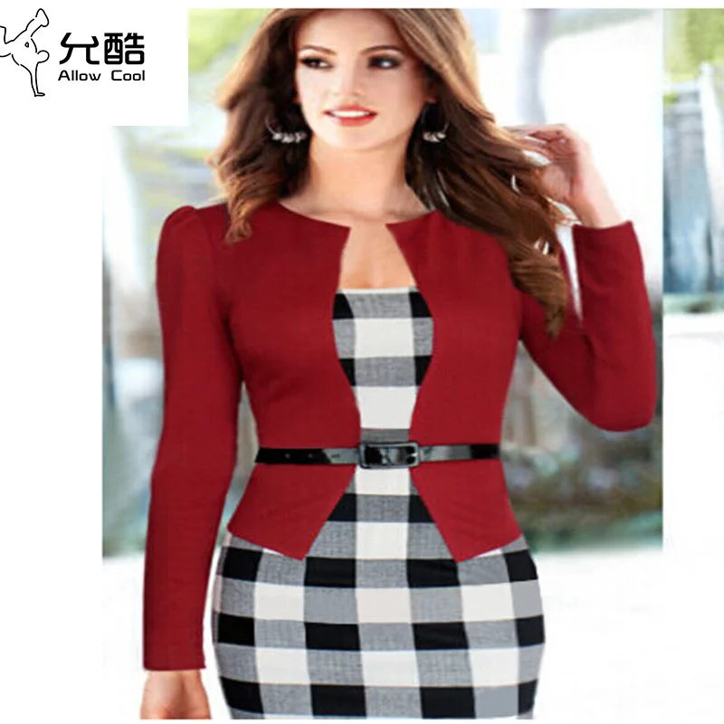 2015 Women Elegant Belted font b Tartan b font Long Sleeve Patchwork Tunic Work Business Casual