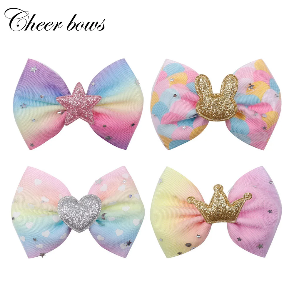 

Cheer Bows 4" Hair Accessories Hair Bows for Girls Glitter Rabbit Ears Stars Crown Ribbon Lace Bow Kids Hair Clips Party Hairpin