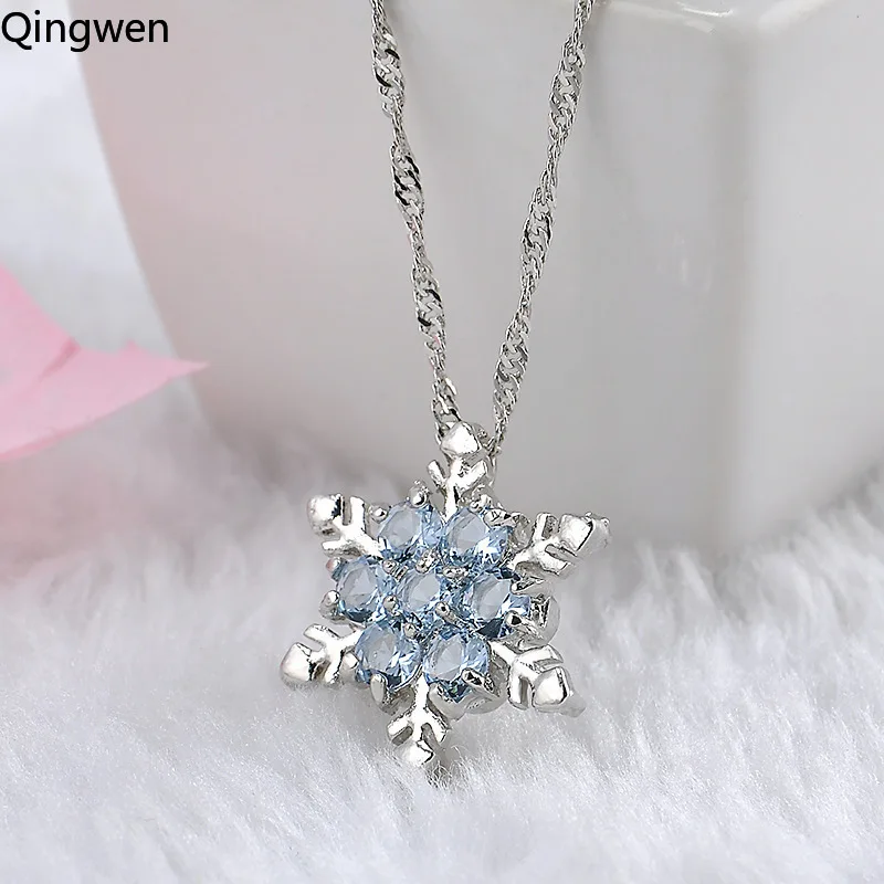 

Qingwen Charm Vintage Lady Blue Crystal Snowflake Zircon Flower Silver Necklaces Pendants Jewelry Gift for Women Girls CE0833/w