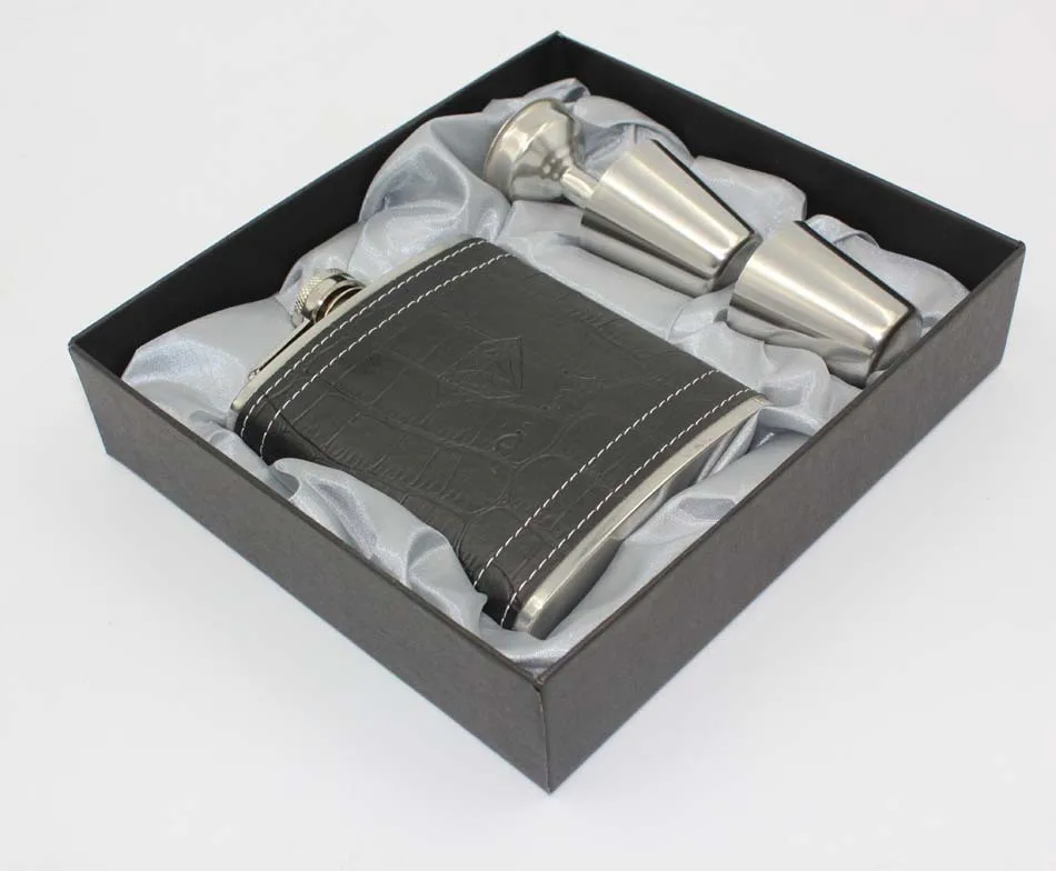 50sets/lot High quality 7oz black leather hip flask stainless steel