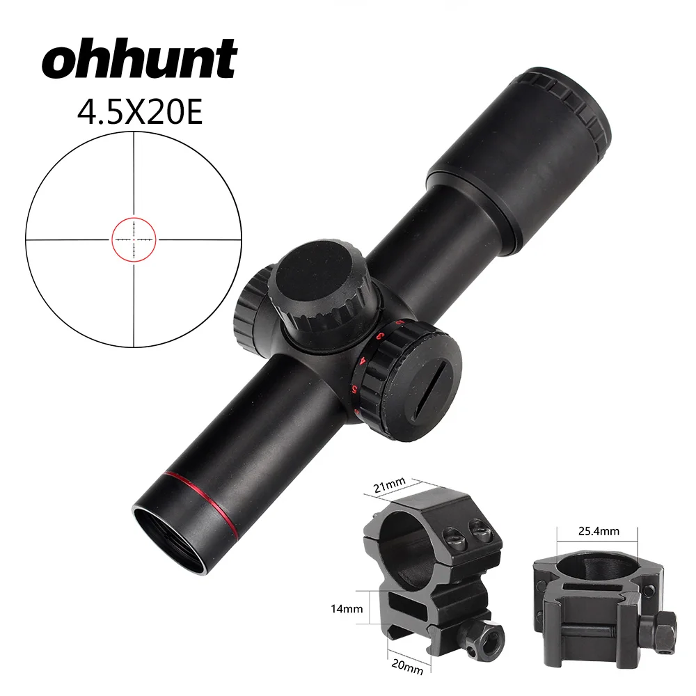 Ohhunt 4.5x20E прицел для охотничьей винтовки Компактный красный с подсветкой Стекло травленая сетка с откидными крышками и кольцами для объектива - Цвет: 25.4mm-Picatinny-SZK