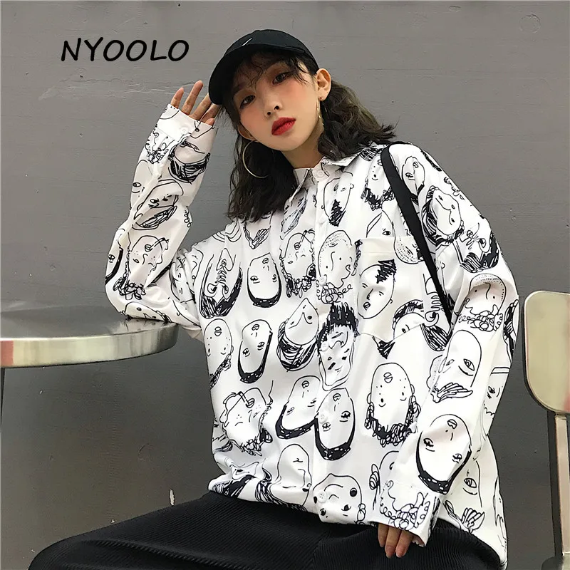 

NYOOLO Harajuku Funny Cartoon Comic avatar print cardigan shirt Casual long sleeve shirt women/men clothing tops streetwear