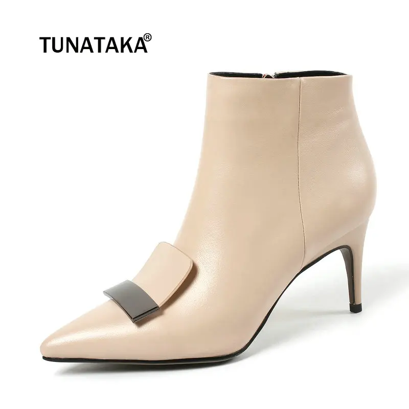 

Women Genuine Leather Thin High Heel Ankle Boots Fashion Zipper Pointed Toe Fall Winter Shoes Black Beige