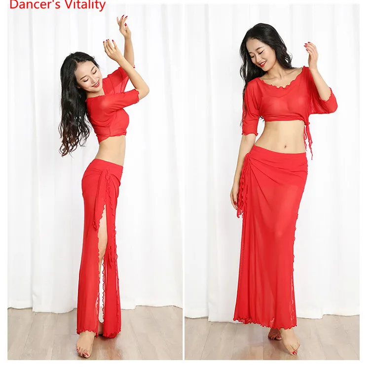 Cheap Belly Dance Suit Wholesale 2pcs(Top+Skirt) For Women Belly Dance Set Gauze Dancer's Costumes Free Shipping White,Black