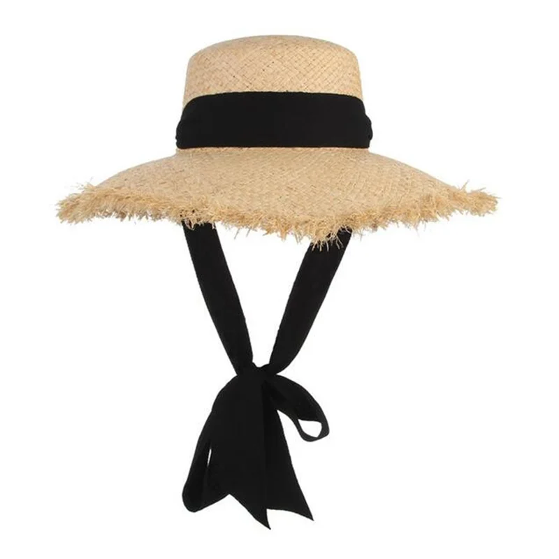 Handmade Weave Raffia Sun Hat Women Black Ribbon Lace Up Large Brim