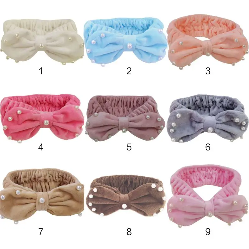 

Korean Imitation Pearl Beaded Headband Women Girls Candy Color Cute Bowknot Thicken Velvet Hairband Makeup Bath Shower Headwrap