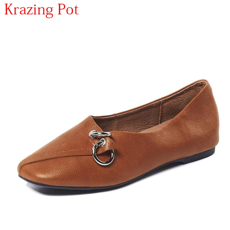 

2018 Fashion Genuine Leather Pregnant Square Toe Metal Buckle Shallow Slip on Women Flats Cozy Summer Comfortable Shoes L7f1