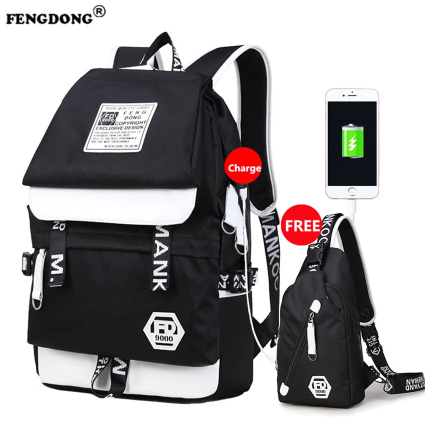 

FENGDONG Waterproof Backpacks Male Designer School Bags Brand Fashion College Bag Youth Back Pack USB Charge Oxford Men Backpack