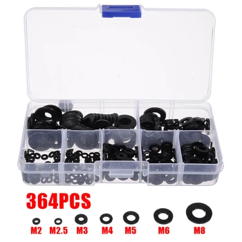 

364pcs Black Nylon Rubber Flat Ring Plain Repair Washer Furniture Gasket Metric M2-M8 Assortment Kit with Box