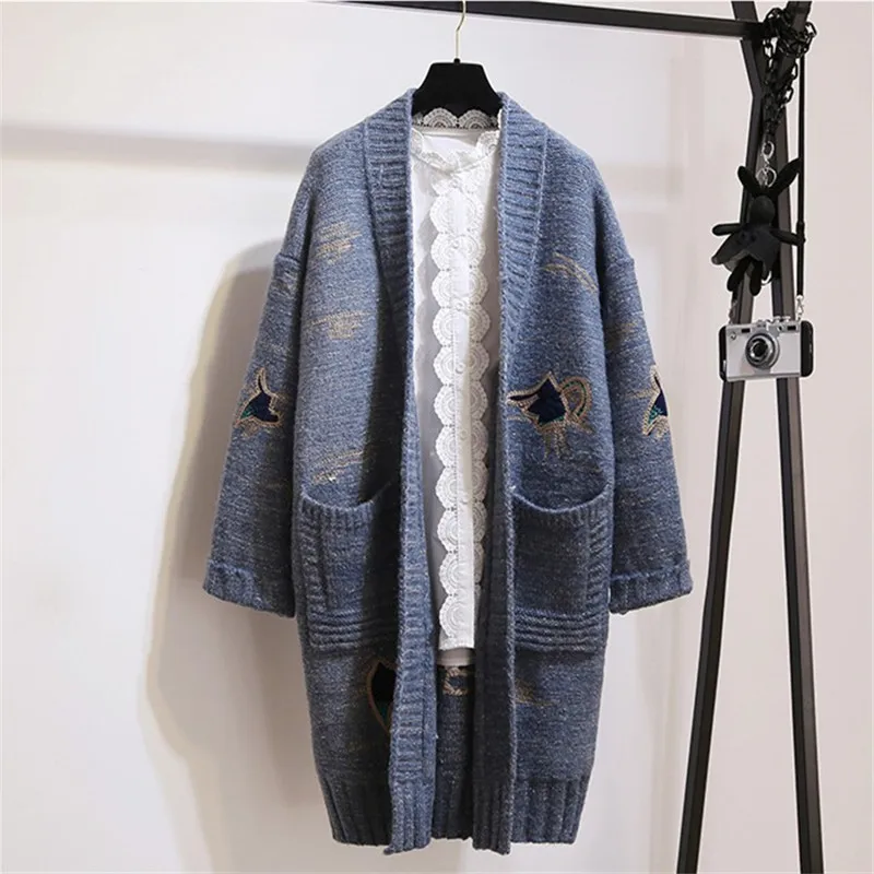 Neploe, осенне-зимний плотный кардиган, Женский Длинный свитер с карманами и вышивкой, с v-образным вырезом, в стиле пэчворк, свободный, Chaqueta Mujer 68300 - Цвет: denim blue sweater