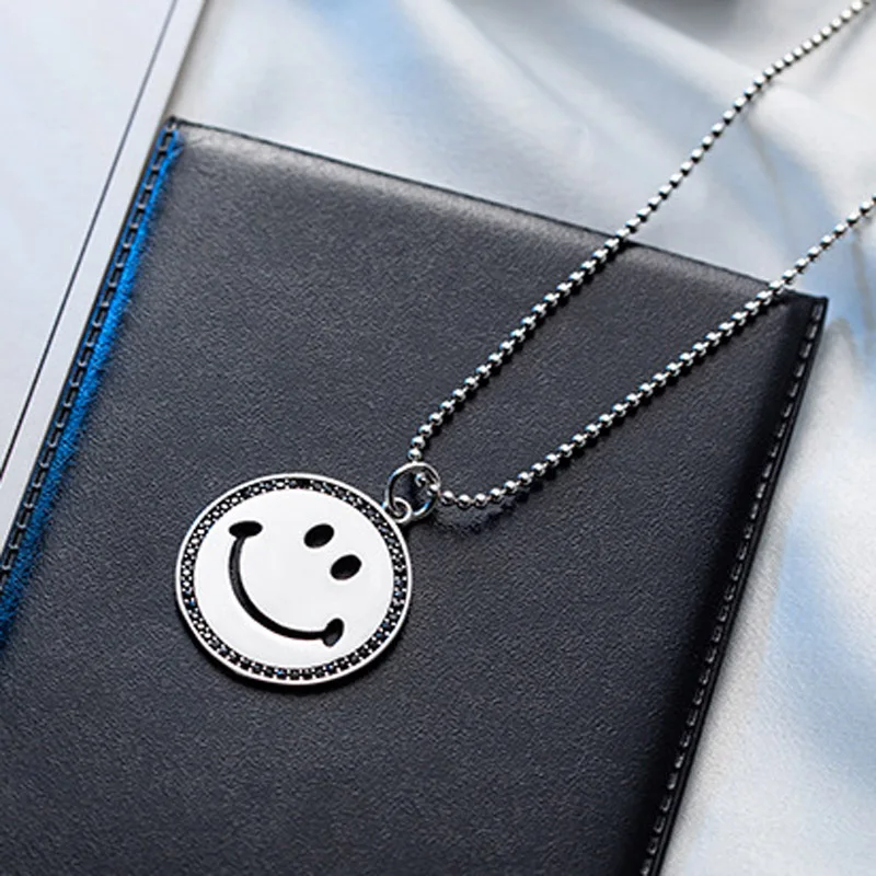 

51cm happy face Pendant Necklace black Gemstone s925 Silver bead chain expression Necklace for Women Elegant Jewelry Gift