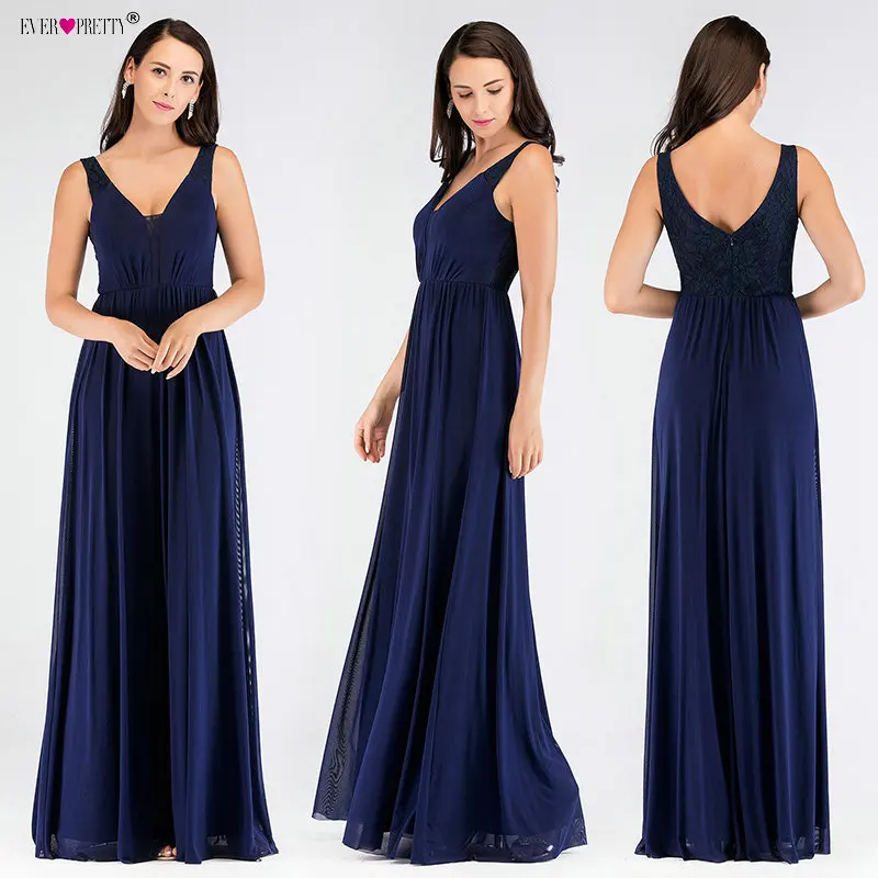 

Navy Blue A Line V Neck Lace Evening Dresses Ever Pretty EZ07536NB Elegant Long Wedding Party Gowns Robe De Soiree Longue 2018