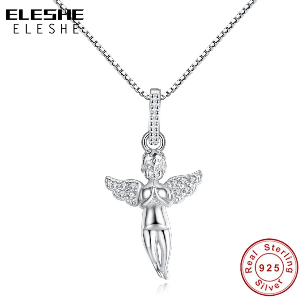 ELESHE Genuine 925 Sterling Silver Cross Necklace Fashion Jewelry Crystal Angel with Wings Pendant Necklace for Women Girls Gift