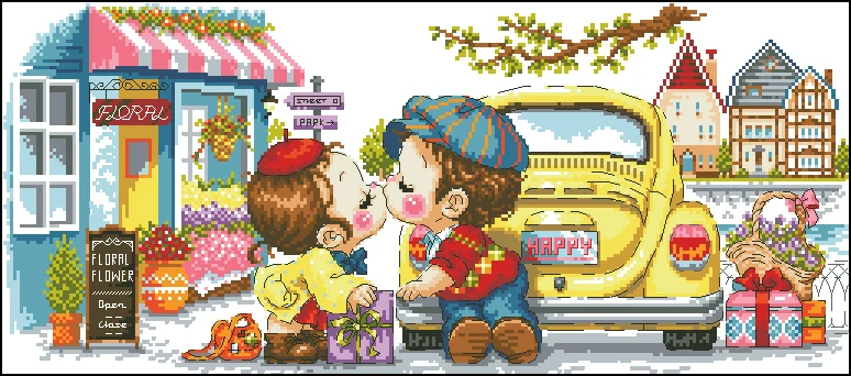 CS-588 cross stitch kit kiss at flower shop, korea wedding kiss cross stitch.jpg