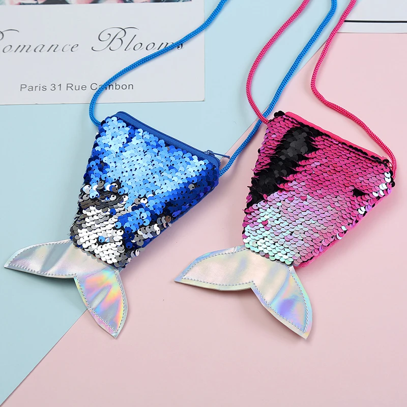 

Sequins Coin Purse Lanyard Coin Bag Small Wallet Child Diagonal Pouch Fish Tail Two-color Sequins Coin Purse Female