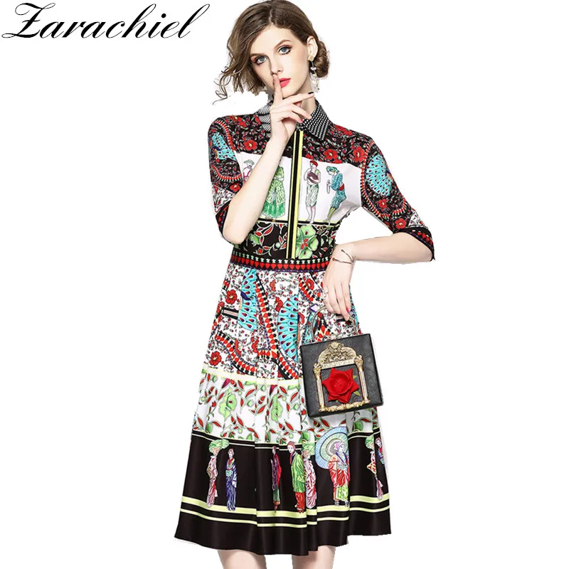 

New 2019 Summer Runway Designer Dress Women's Turn-Down Collar Half Sleeve Cartoon Vintage Printed Draped Slim Long Shirt Dress
