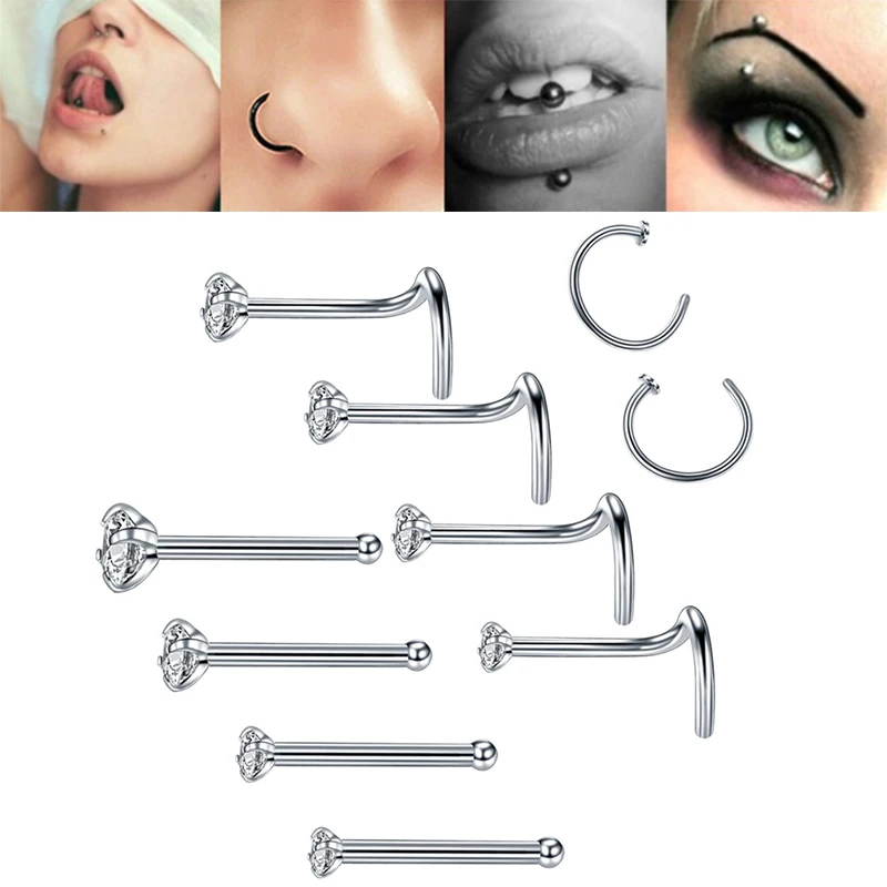 1Set Body Piercing Tool Crystal Nose Ring Bone Stud Screw Ring Stainless Steel Body Piercing Jewelry