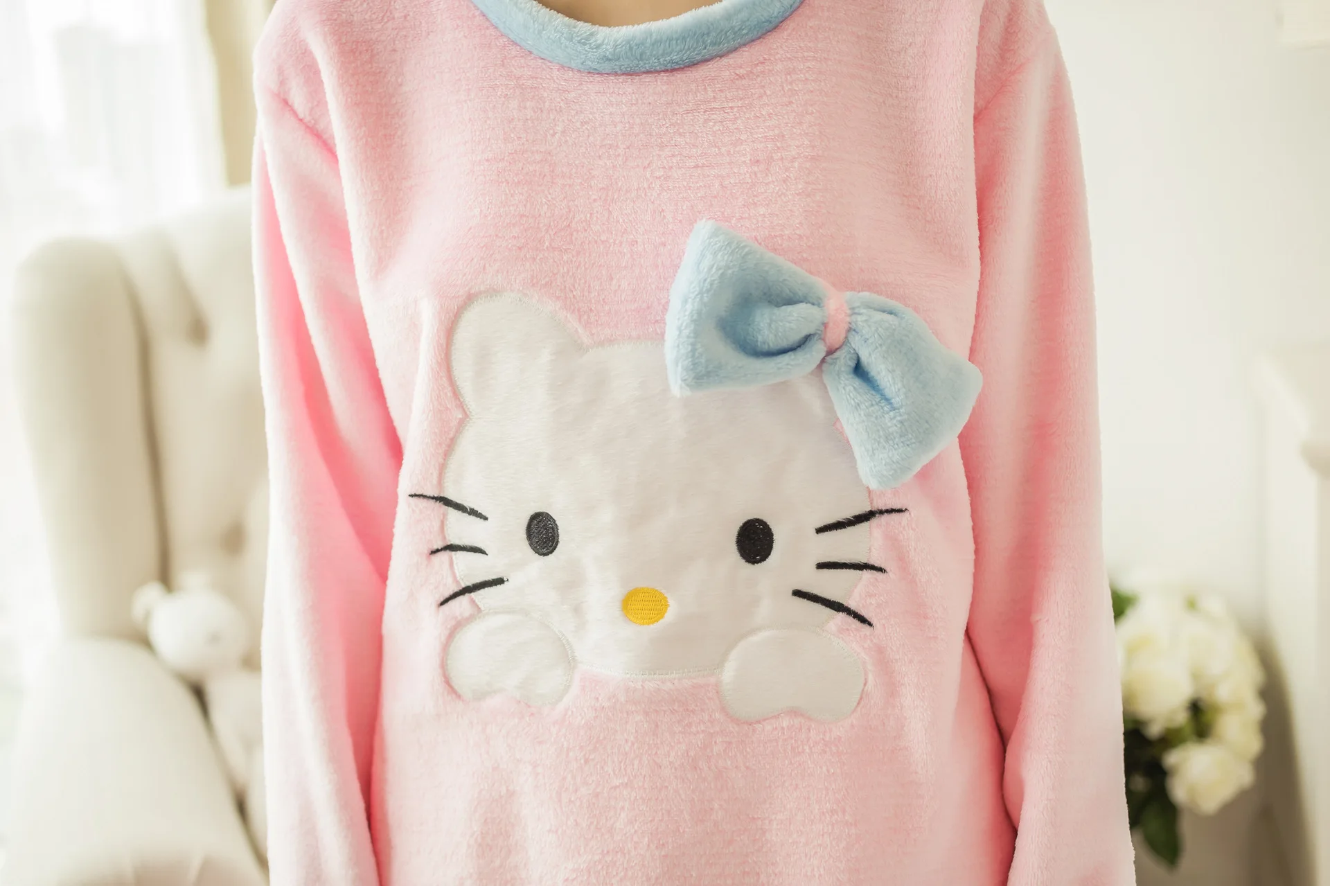 Осень-зима, утолщенная фланелевая Женская одежда для сна с рисунком hello kitty, коралловый мех, домашняя одежда, костюм из трех предметов, милая повязка на голову