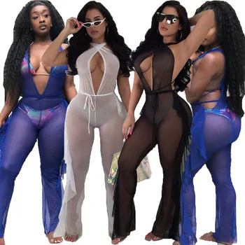 

Women's Summer Bikini Cover Up Sheer Jumpsuit Beach Long Romper Playsuit Tunic