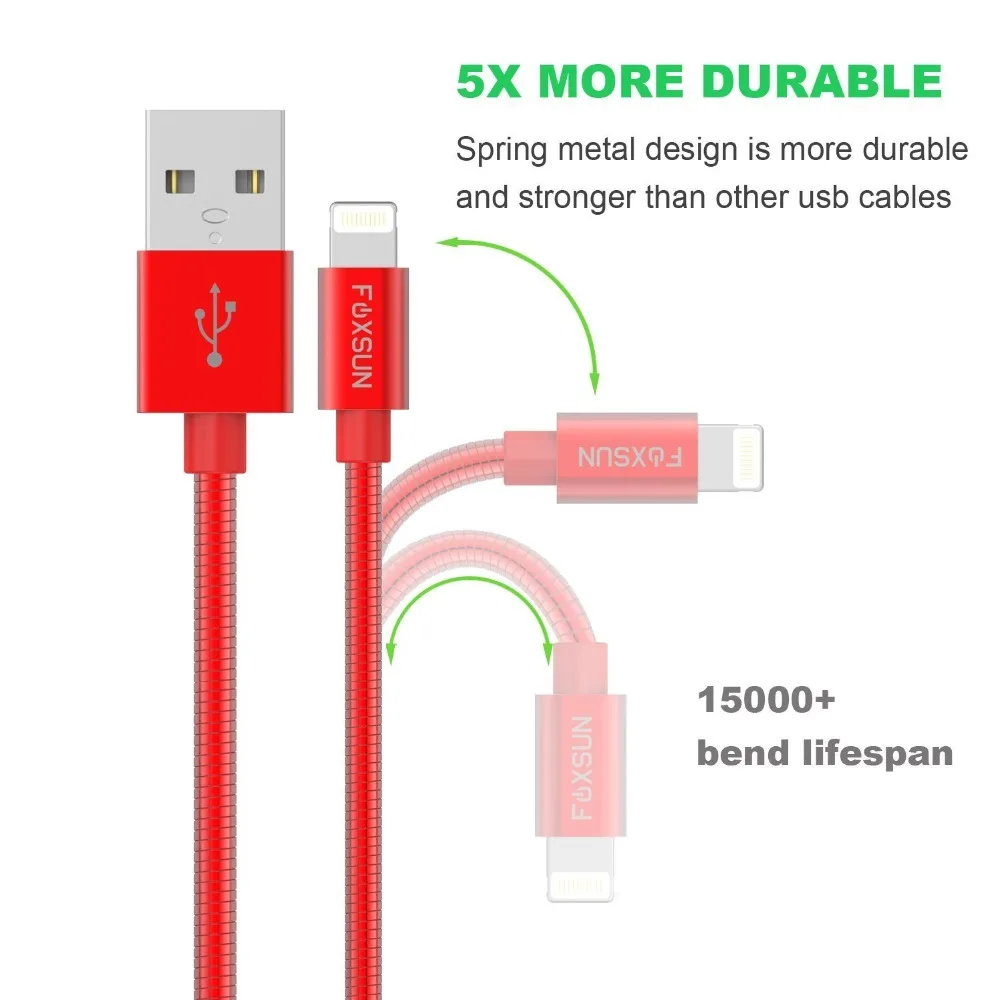 Foxsun المعادن mfi معتمد ل البرق إلى كابل usb شحن و نقل البيانات بسرعة الحبل-unbreakable تقريبا-ل فون كابل ، 1.5 متر