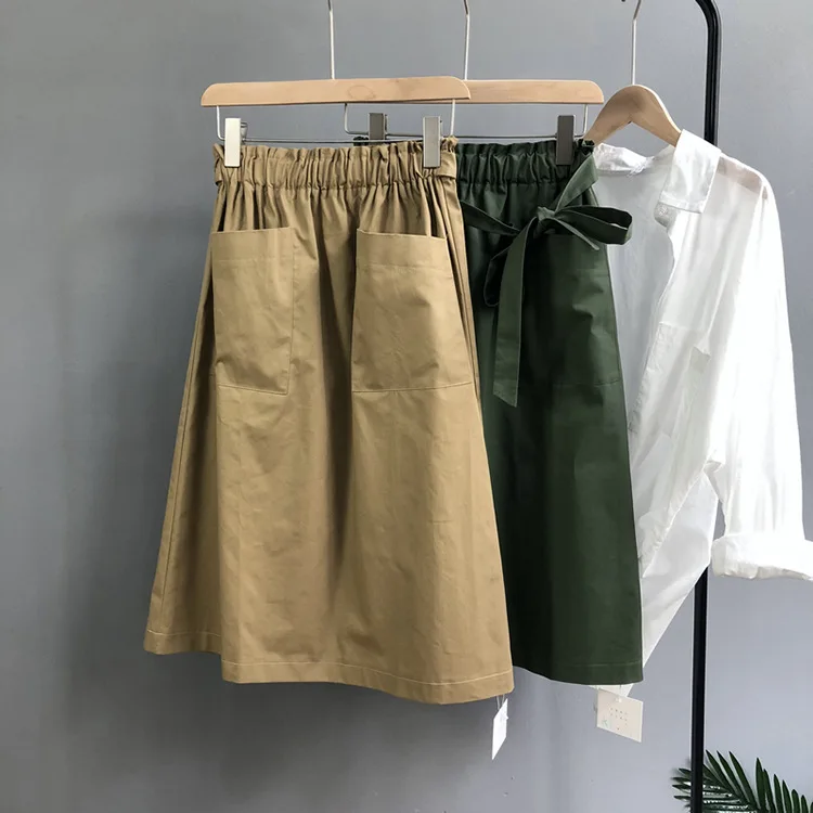 Summer Korean Style Women Midi Skirts With Pockets Army Green Elastic