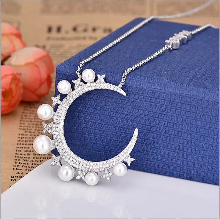 silver color big moon pendant necklace cz moon star crescent moon pendant with pearl elegance 2018 Christmas design