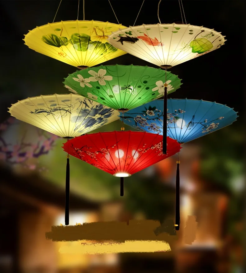 Chinese style umbrella hanging lamp cloth art pendant lamps wind umbrella antique chaffy dish