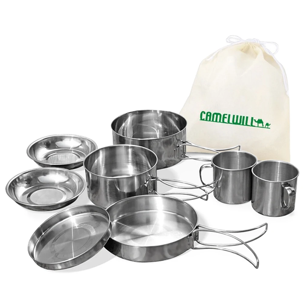 

8 PCS Outdoor Pot Set Camping Soup Coffee Water Cups Stainless Steel Cooking Pans Plates Set for 2-3 People