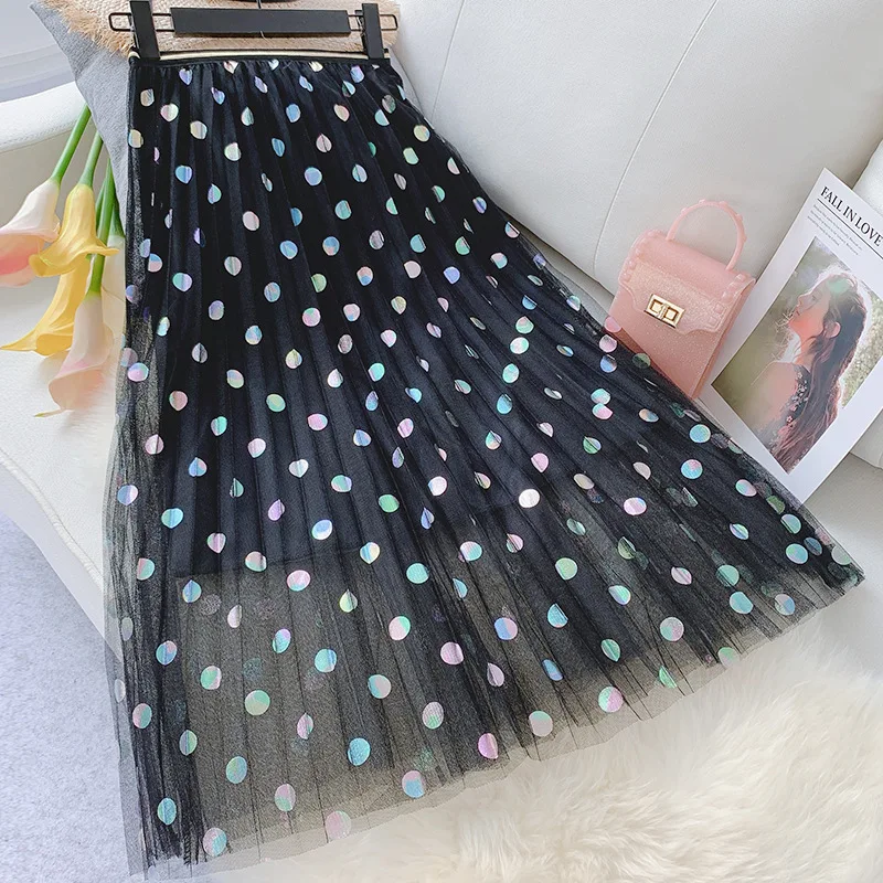 

pink beige blue black stretch high waist midi flare a-line tulle Sequin skirt for women fashion ladies skirts womens saia saias