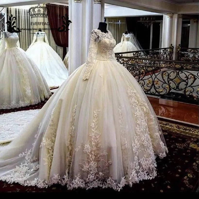 Princess Cathedral Train Ball Gown Wedding Dresses with Long Sleeves ...