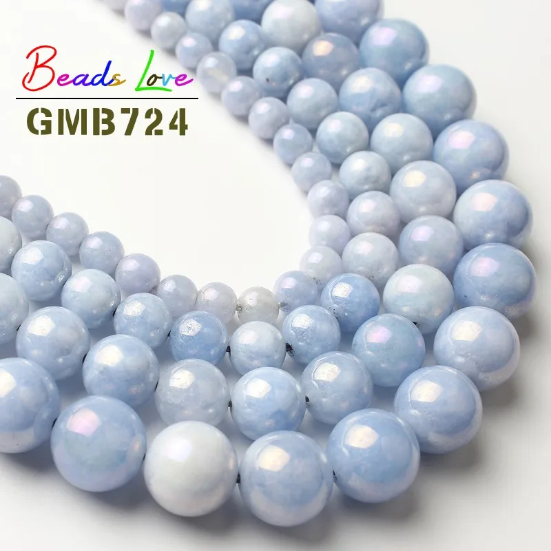 

Wholesale Blue Plating Angelite Stone 6 8 10 12mm Round Loose Beads Diy Bracelet Necklace for Jewelry Making Natural Perles 15''