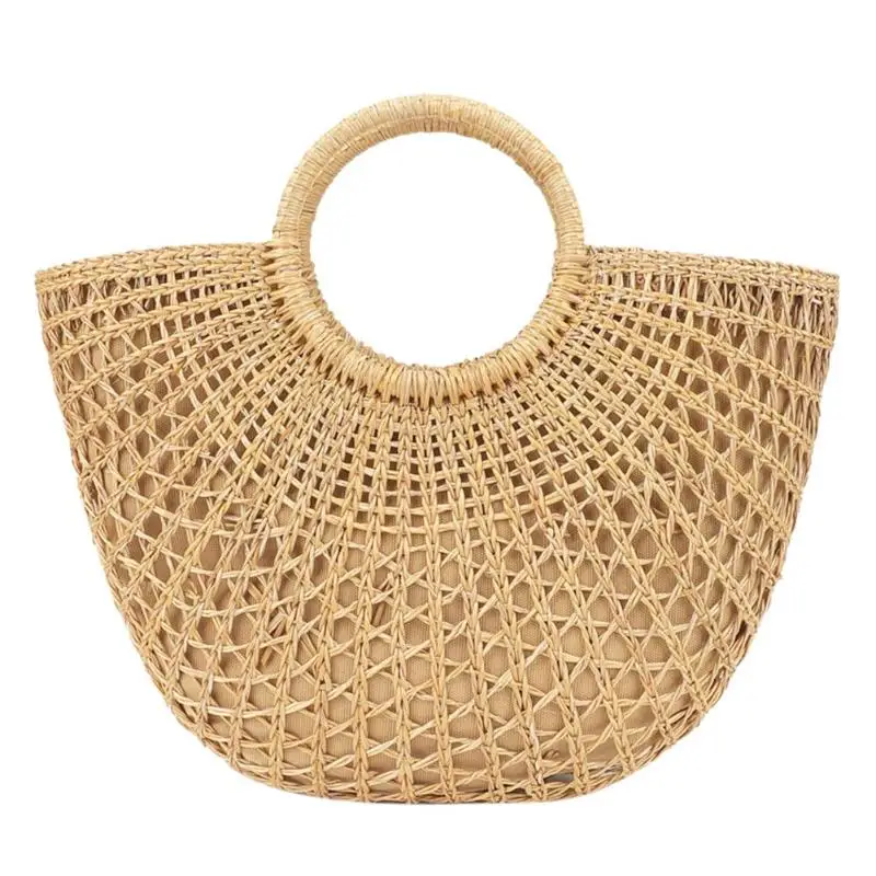 

Handmade Women Round Handle Straw Bags Shopper Beach Bag Summer Rattan straw Handbags 2018 Wristlets straw bag beach