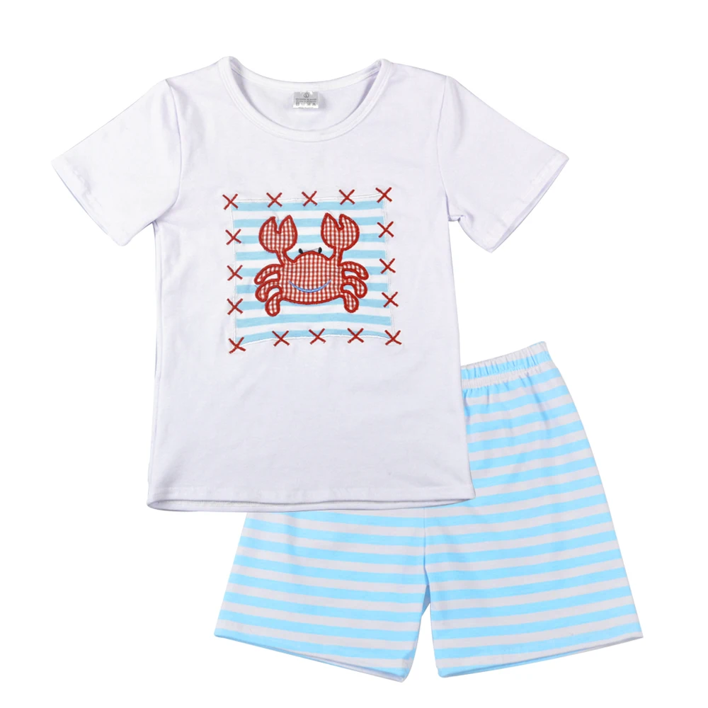 

Super Cute Baby Boy Summer Clothes Cute Embroidery Crab Top With Blue Shorts Set Baby Summer Boutique Clothing 2BK801-014