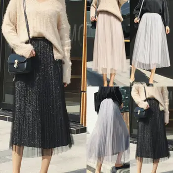 

Hirgin 2019 Newest Fashion Hot Sexy Wholesale Women Retro Sequins Pleated Boho Swing Skirt Long Elastic Waist Skirt