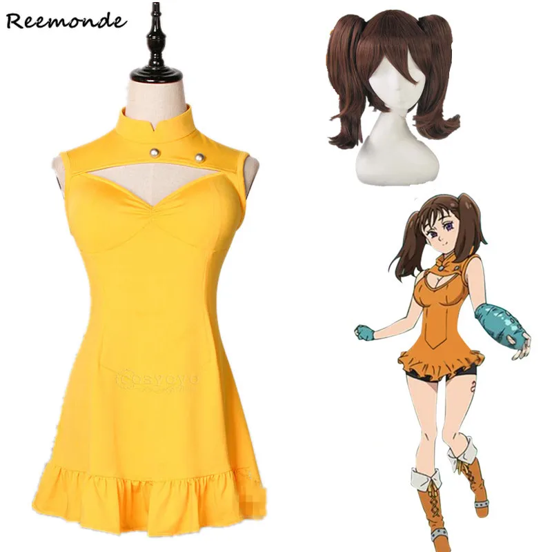 

Anime Diane Cosplay Costume Hot Game The Seven Deadly Sins Yellow Lovely Dress Synthetic Wig Hair For Woman Girls Party Clothing