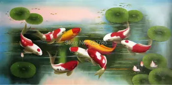 

Nine Koi fish Wall Aer 100%Hand painted Modern oil painting Feng Shui Fancy Carp Home office hotel decoration