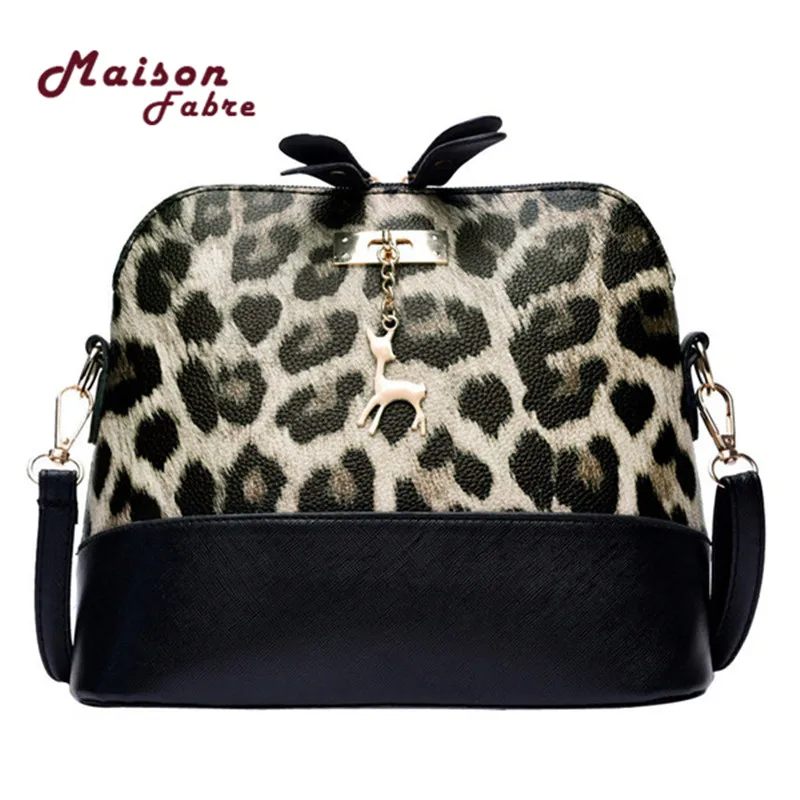 

Women Leopard Handbag Print Vintage Small Shell Leather Handbag Crossbody Bag Fawn Pendant Leopard Shoulder Bag Messenger Bag