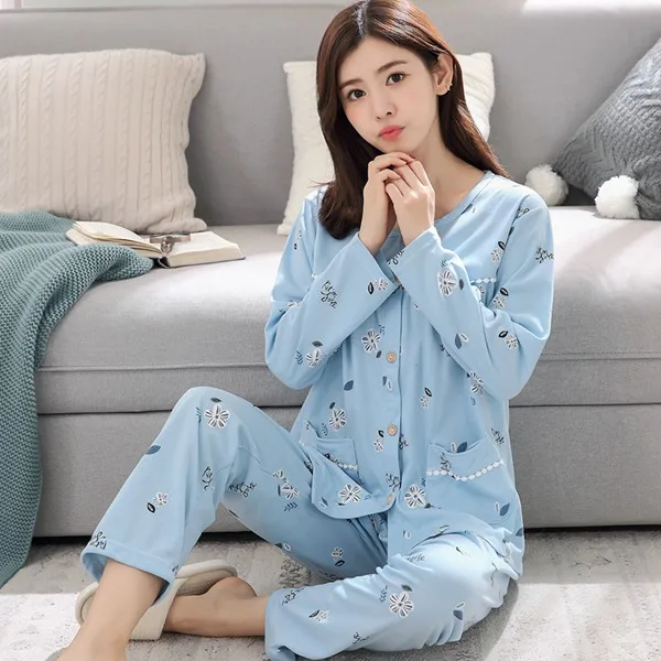 Пижамные комплекты размера плюс из хлопка для женщин, весенне-осенняя пижама с длинным рукавом и принтом, домашняя пижама, одежда для женщин - Цвет: 828B