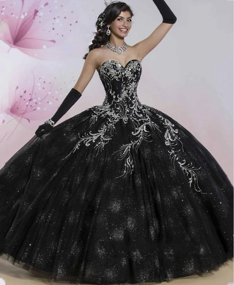 Luxury Black Quinceanera Dresses 2016 Shimmering Skirt Softly Tulle