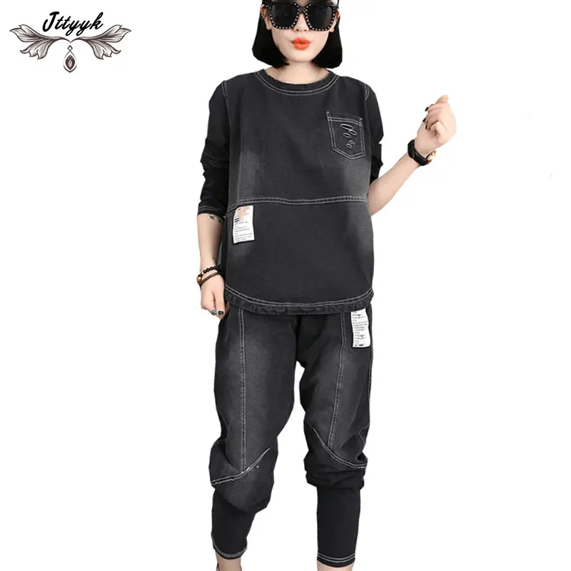 

Plus size 6XL Women Denim two-piece 2019 Autumn new loose casual sets nine pants long-sleeved Jeans suit conjunto feminino CX03